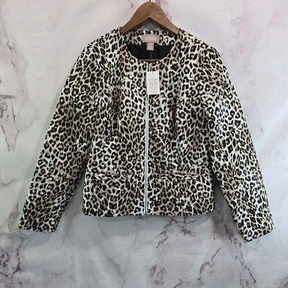 Chicos Jacket Womens Small 0 Brown Leopard Zip Quilted Bomber Puffer Cheetah - Picture 1 of 13